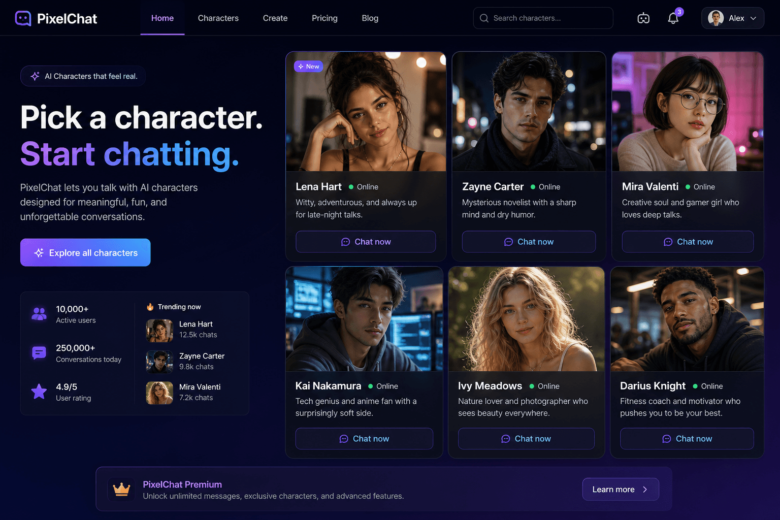 PixelChat character discovery landing page with portrait grid